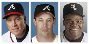 Tom Glavine in 2008, Greg Maddux in 2008, and Frank Thomas in 1994
