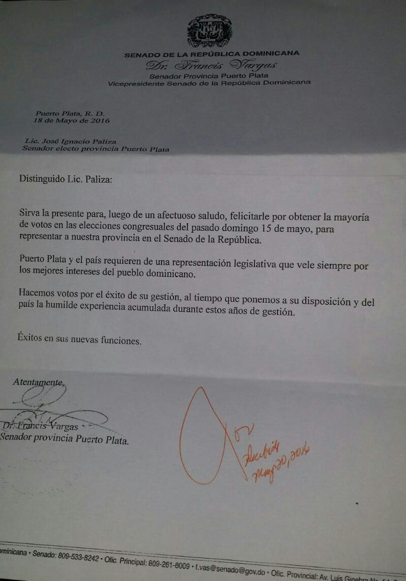 Senador Francis Vargas felicita a José Paliza por triunfo en Puerto Plata