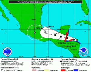 Casi es huracán tormenta tropical Earl en noroeste del Caribe