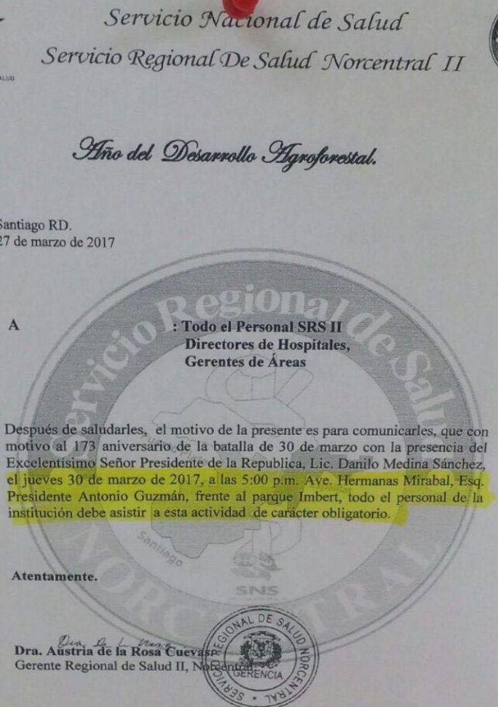 Servicio Regional de Salud emite circular para obligar empleados a apoyar acto