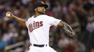 Minnesota Twins pitcher Ervin Santana throws against the Detroit Tigers during the first inning in the second game of a baseball doubleheader Thursday, Sept. 22, 2016, in Minneapolis. (AP Photo/Jim Mone)