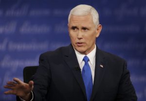 Republican vice-presidential nominee Gov. Mike Pence speaks during the vice-presidential debate with Democratic vice-presidential nominee Sen. Tim Kaine at Longwood University in Farmville, Va., Tuesday, Oct. 4, 2016. (AP Photo/Patrick Semansky)
 VADB327