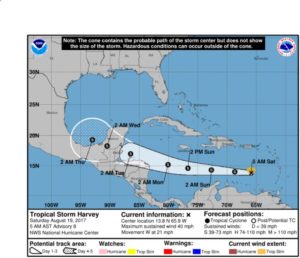 Tormenta tropical Harvey se mueve en aguas del Caribe este sábado

