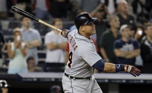 Detroit Tigers batter Miguel Cabrera watches the ball as he hits a two-run, two-strike, two-out, home run to tie the game with the New York Yankees in the ninth inning of their MLB American League game at Yankee Stadium in New York, August 9, 2013.  REUTERS/Ray Stubblebine (UNITED STATES - Tags: SPORT BASEBALL) BASEBALL/