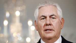 Secretary of State Rex Tillerson, speaks to the media while meeting with Oman's Foreign Minister Yusuf bin Alawi bin Abdullah, Friday, July 21, 2017, at the State Department in Washington. (AP Photo/Jacquelyn Martin)