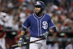 San Diego Padres' Manuel Morgot reacts after striking out on a foul tip against the Arizona Diamondbacks during the seventh inning of a baseball game, Sunday, Oct. 2, 2016, in Phoenix. (AP Photo/Ralph Freso)