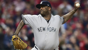New York Yankees starting pitcher CC Sabathia pitches in the fourth inning of Game 2 of baseball's American League Division Series against the Cleveland Indians, Friday, Oct. 6, 2017, in Cleveland. (AP Photo/David Dermer)