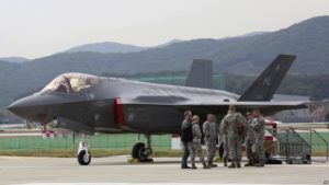 A U.S. F-35 stealth fighter is seen during the press day of the 2017 Seoul International Aerospace and Defense Exhibition at Seoul Airport in Seongnam, South Korea, Monday, Oct. 16, 2017. South Korean and U.S. troops launched five days of naval drills on Monday, three days after North Korea renewed its threat to fire missiles near the American territory of Guam. (AP Photo/Ahn Young-joon)