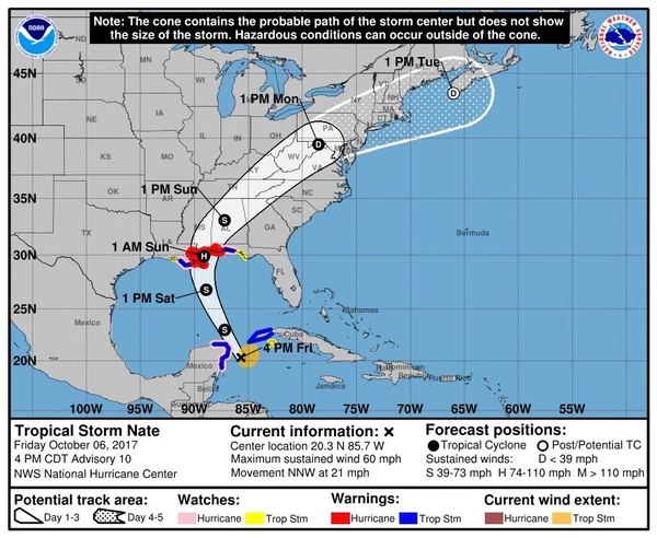 La ciudad de Nueva Orleans y el lago Pontchartrain, en Luisiana, se encuentran bajo advertencia de huracán por la proximidad de la tormenta tropical Nate. Según el Centro Nacional de Huracanes de EEUU, 