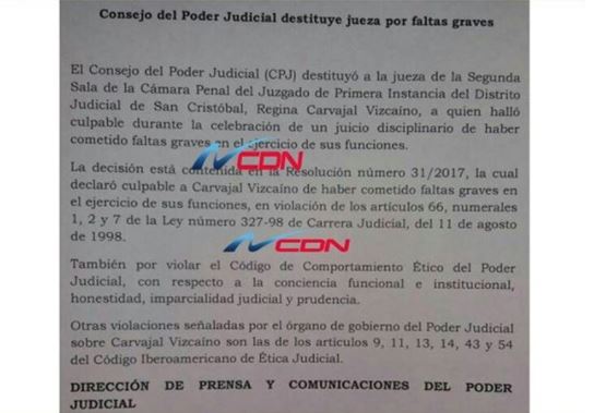 Destituyen jueza de San Cristóbal por faltas graves en sus funciones