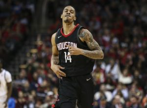 Jan 4, 2018; Houston, TX, USA; Houston Rockets guard Gerald Green (14) reacts after making a basket during the third quarter against the Golden State Warriors at Toyota Center. Mandatory Credit: Troy Taormina-USA TODAY Sports