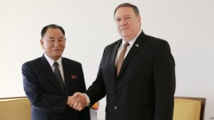 Kim Yong Chol, left, former North Korean military intelligence chief and one of leader Kim Jong Un's closest aides, shakes hands with U.S. Secretary of State Mike Pompeo during a meeting, Thursday, May 31, 2018, in New York. (AP Photo/Seth Wenig)