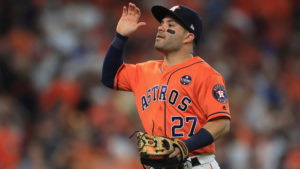 HOUSTON, TX - OCTOBER 06:  Jose Altuve #27 of the Houston Astros celebrates defeating the Boston Red Sox 8-2 in game two of the American League Division Series at Minute Maid Park on October 6, 2017 in Houston, Texas.  (Photo by Ronald Martinez/Getty Images)