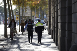 Members of the Catalan regional police force Mossos d'Esquadra patrol near the Casa Llotja de Mar in Barcelona on December 20, 2018 on the eve of a Spanish cabinet meeting. - A Spanish cabinet meeting is to be held in Barcelona on December 21 amid tight security as Catalan pro-independence groups plan to hold protests and block roads in the region. The meeting comes a year to the day after Madrid held snap elections in Catalonia after blocking the wealthy northeastern region's move for independence and many separatists have called the timing of the meeting 