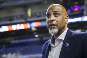 WILL VRAGOVIC   |   Times
Executive Director of the Major League Baseball Players Association Tony Clark talks with reporters before the start of the All-Star Futures Game between The U.S. Team and the World Team at Marlins Park in Miami, Fla. on Sunday, July 9, 2017.