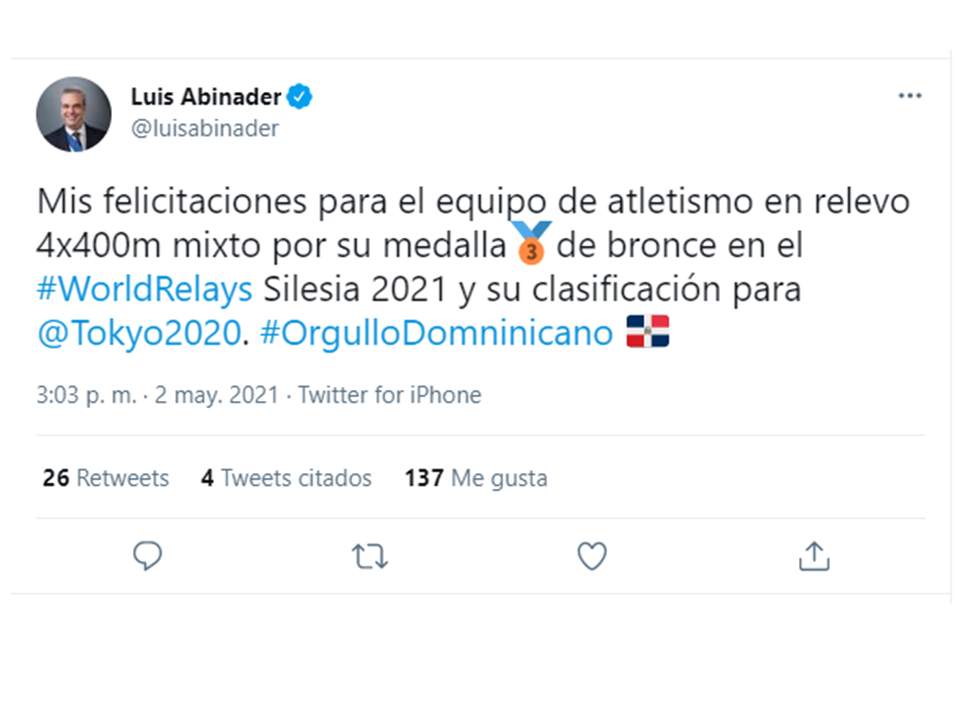 Abinader felicita al equipo en relevo 4x400m mixto 