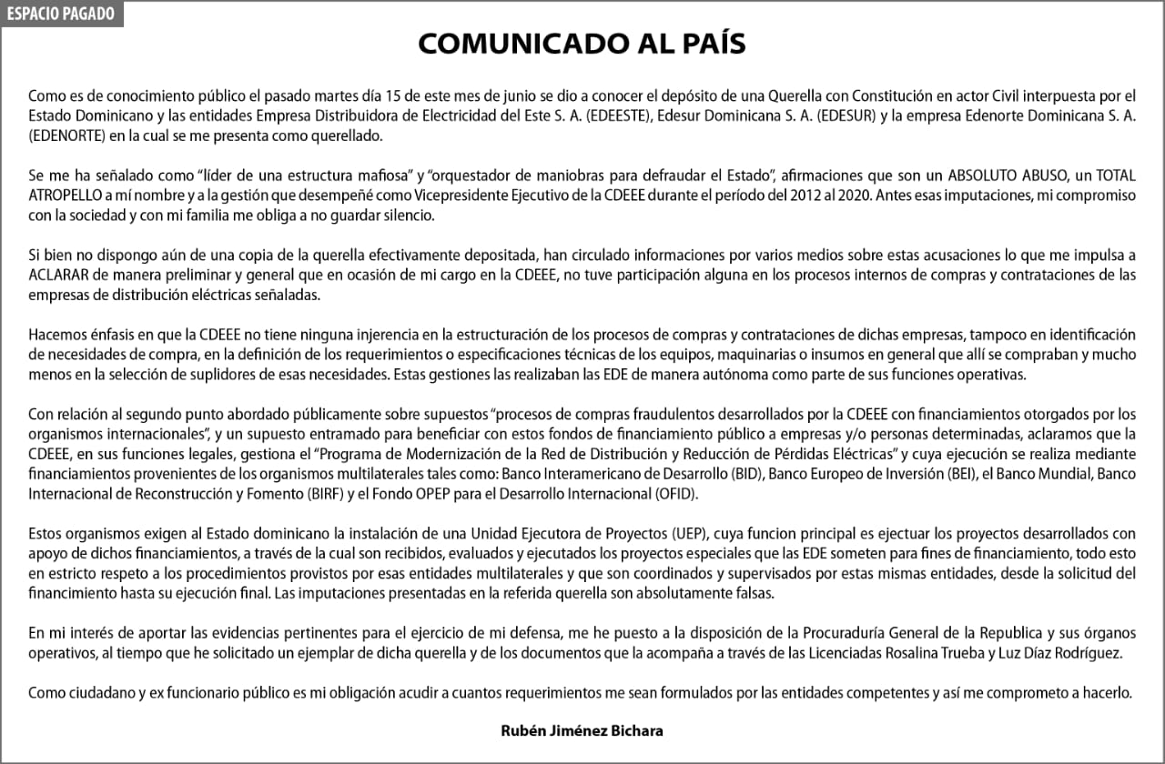 Comunicado enviado por Rubén Bichara