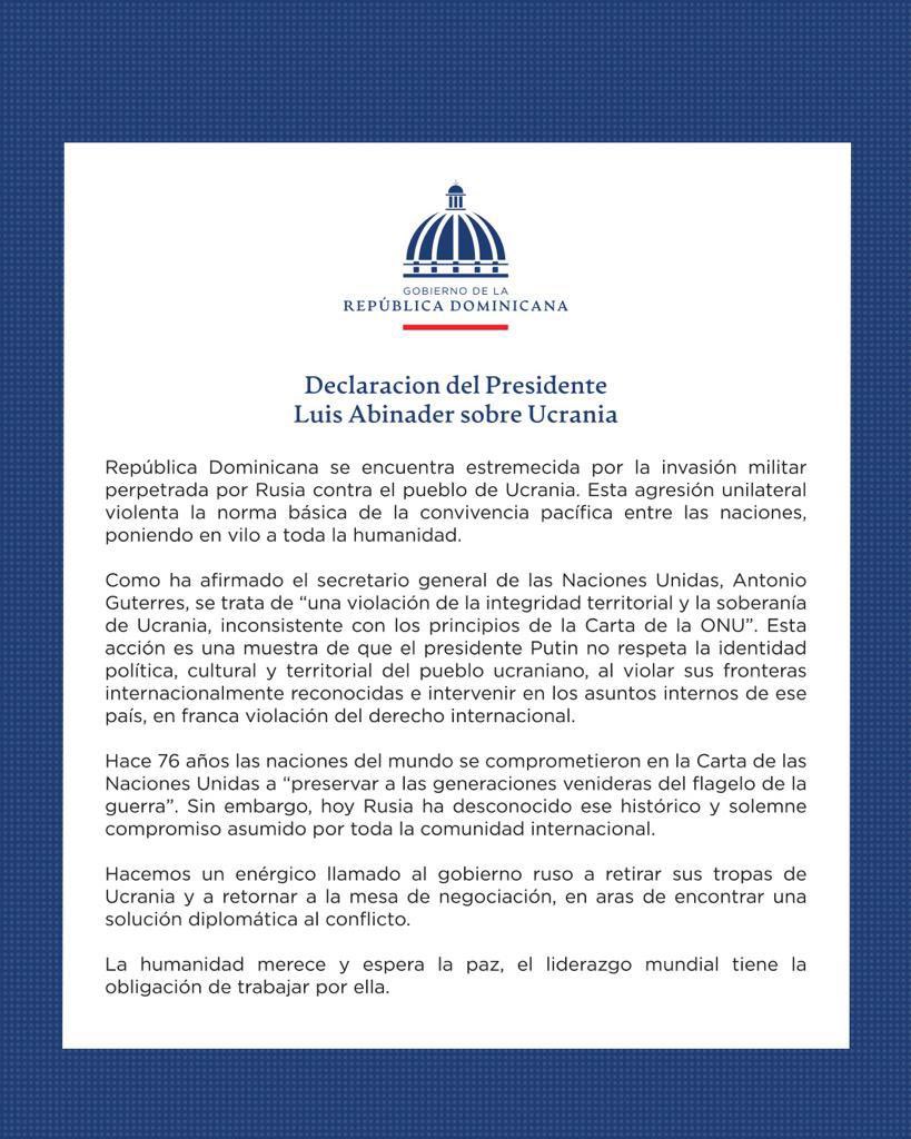 Abinader llama gobierno ruso retirar sus tropas de Ucrania y negociar