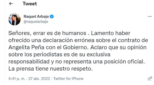 La primera dama dice que erró al decir que Angelita Peña no asesoraba al Gobierno