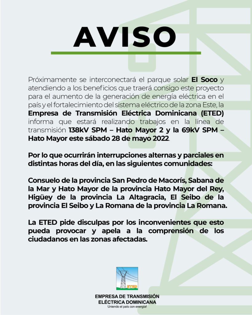 ETED informa trabajos en línea de transmisión energética región Este